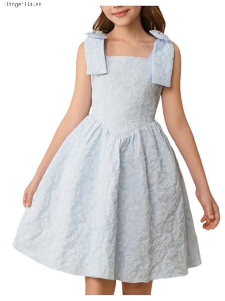 Girls Flower Jacquard Fit & Flare Dress Square Neck Sleeveless Zipper Back Bow